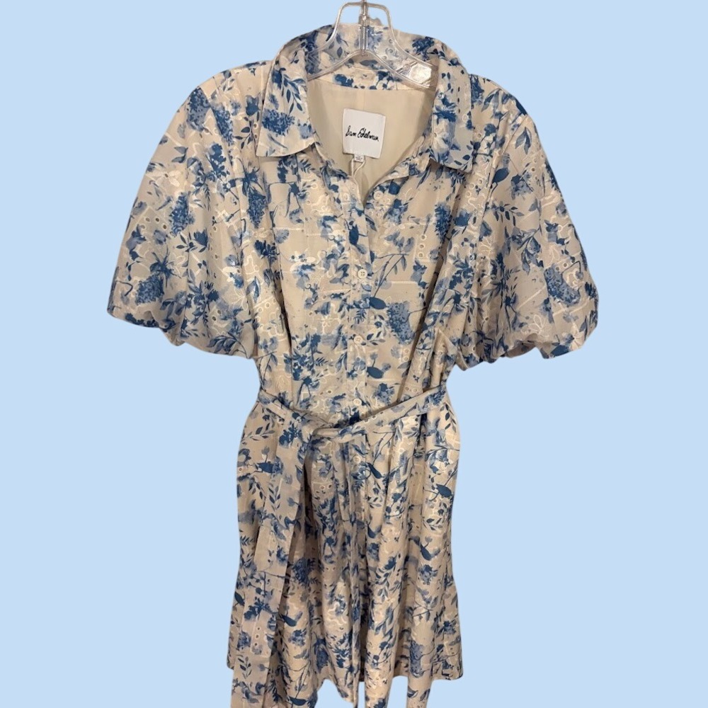 Sam Edelman‎ Blue Floral Eyelet Shirtdress Plus Size 16 Puff Sleeve Belted Mini